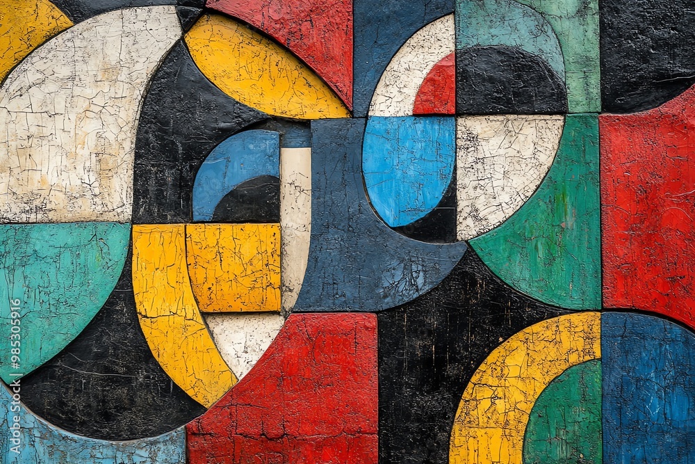 Poster abstract geometric shapes painted on a distressed surface.