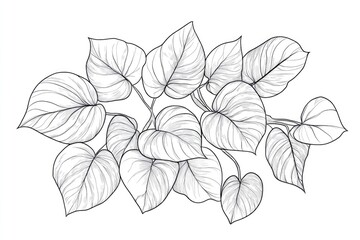 Line art illustration of hand drawn clustered scindapsus leaves from a houseplant set against a white background