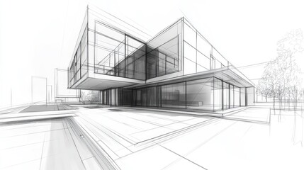 Line art illustration featuring architectural drawing concept with a 3D sketch representation