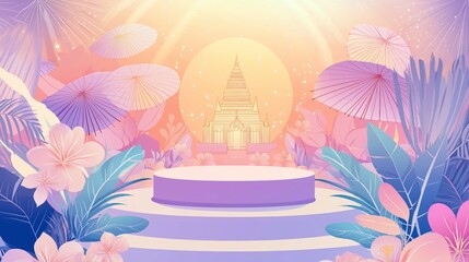 Obraz premium Whimsical, pastel-toned abstract landscape with lush foliage, round stage, and radiant central structure, perfect for dreamy, serene backgrounds.