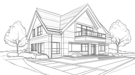 Line art illustration depicting an architectural sketch of a house building in 3D perspective