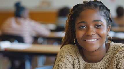 African American College Student with a Bright Smile in the Auditorium
