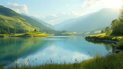 Naklejka premium A tranquil lake surrounded by gently rolling hills and trees, creating a serene and picturesque landscape. The calm water reflects the natural beauty of the peaceful countryside.