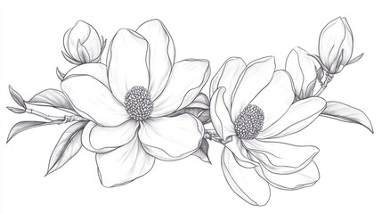 Magnolia Line Drawing Floral Line Art Hand drawn Illustration of Magnolia Flower Flower Coloring Page Botanical Coloring Page with Line Art Flowers