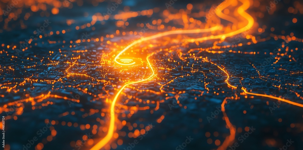 Poster abstract glowing lines on a dark background depicting a city and a wifi symbol.