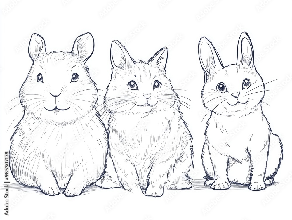 Poster line art depicting four adorable animals a capybara rabbit cat and dog