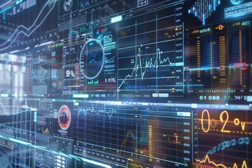 AI-driven stock market analysis with digital charts and graphs, showcasing new financial tools on a futuristic interface