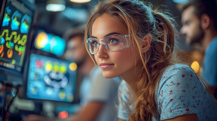 Naklejka premium Young woman in safety glasses looking at a computer screen.