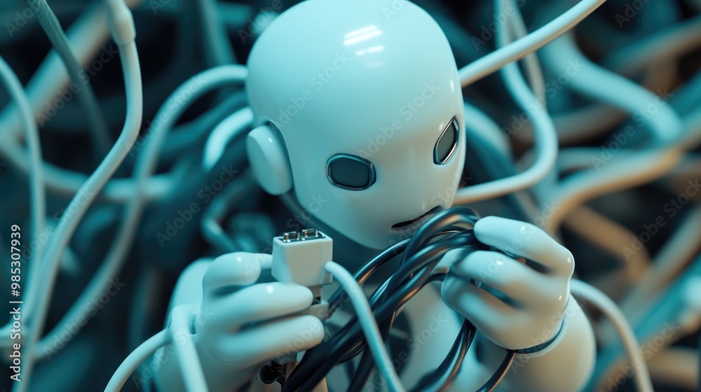 Poster a 3d character tangled in a web of wires, holding a plug with no idea where it goes, symbolizing tec