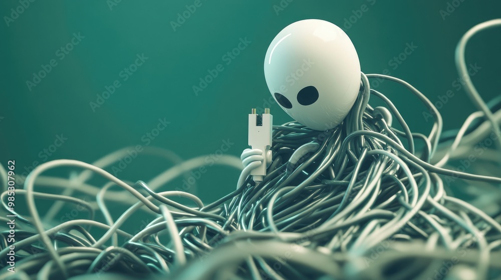 Poster a 3d character tangled in a web of wires, holding a plug with no idea where it goes, symbolizing tec