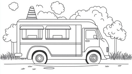 Line art illustration featuring a coloring page designed for children showcasing an ice cream van with bold outlines