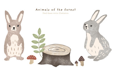 森の植物とウサギのイラスト素材 © 桜 みずき