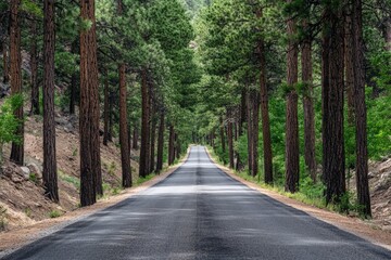 Naklejka premium Empty road lined with towering pine trees, peaceful and isolated