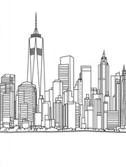 Line art illustration of a city skyline in a continuous single line style