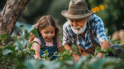 A small girl works in her grandfather's backyard garden with her senior grandfather.