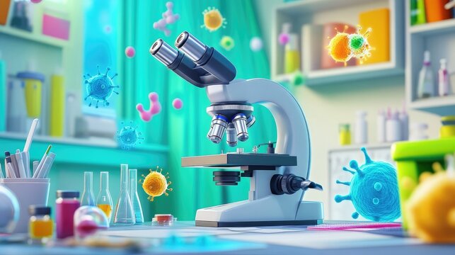 3D cartoon image of a microscope on a lab desk, with cells and bacteria coming to life in a colorful, animated world of science and biology exploration