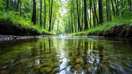 Obraz premium A stream flowing gently through a lush, green forest, its waters crystal clear and reflective of the surrounding trees
