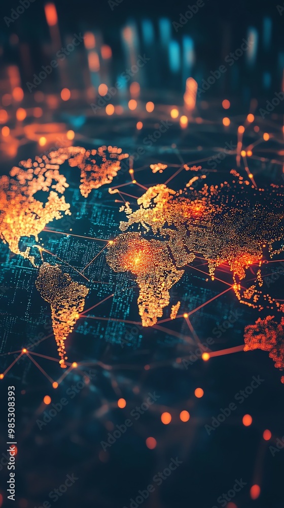 Poster Abstract glowing world map with connecting lines.