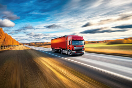 Transport truck driving at high speed on a rural road, motion blur effect enhances the sense of urgency and speed, emphasizing quick delivery services