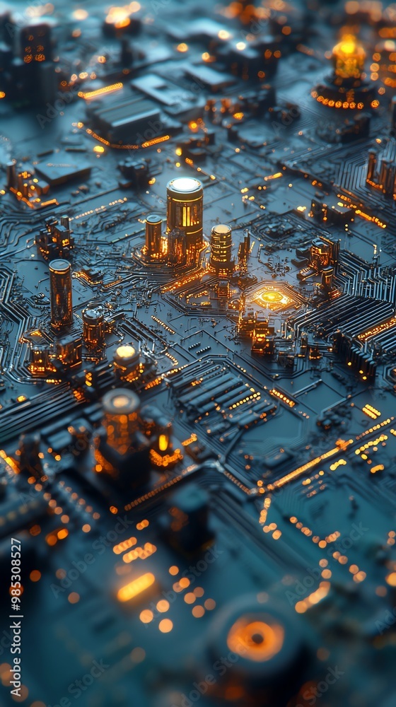 Poster Abstract image of a circuit board with glowing lights.