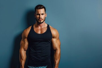 Fototapeta premium Smart and muscular man standing with a fit body, presenting confidently against a solid color backdrop, emphasizing both mental acuity and physical strength