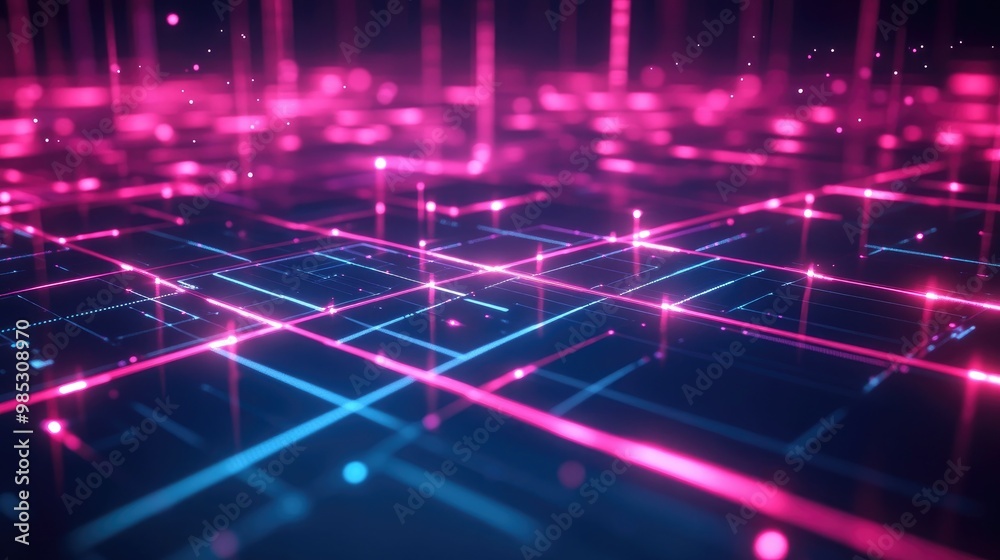 Poster an abstract digital grid with glowing, intersecting lines on a dark background, creating a futuristi