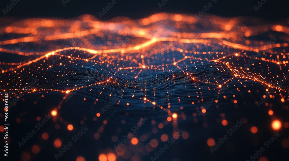 Poster a futuristic ai network visualized as a 3d lattice of glowing nodes, floating in a dark room with ab
