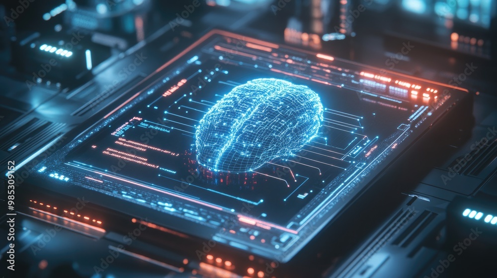 Poster a futuristic computer with a 3d holographic interface projecting dynamic visualizations of neural ne