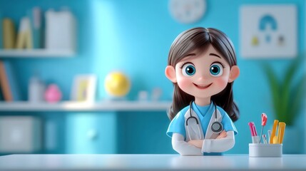 A cheerful cartoon girl in a doctor's outfit, smiling at a desk with colorful stationery.
