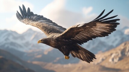 Obraz premium A majestic eagle soaring through the sky, its wings outstretched in a majestic display, rendered in hyper-realistic 8K