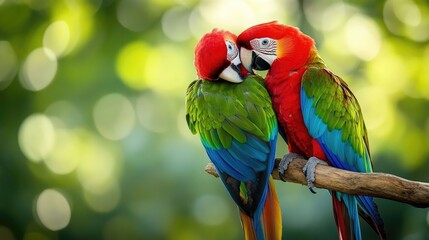 Obraz premium A pair of parrots perched together on a branch, grooming each other and displaying vibrant red, green, and blue feathers.