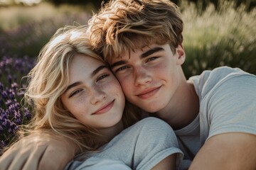 Obraz premium High-resolution brightly lit photorealistic candid photograph of a young couple resting together in a lavender field, their faces filled with happiness and love. The photograph is styled like a