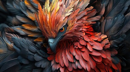 Fototapeta premium A photo-realistic portrait of a mythical phoenix emerging from the ashes, with vibrant and intricate feathers
