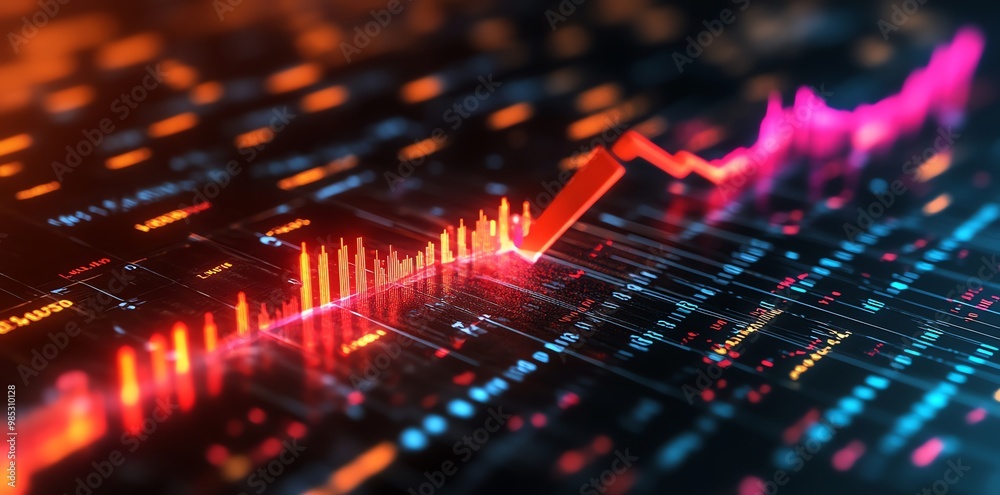 Poster abstract stock market chart with red and blue lines and numbers.