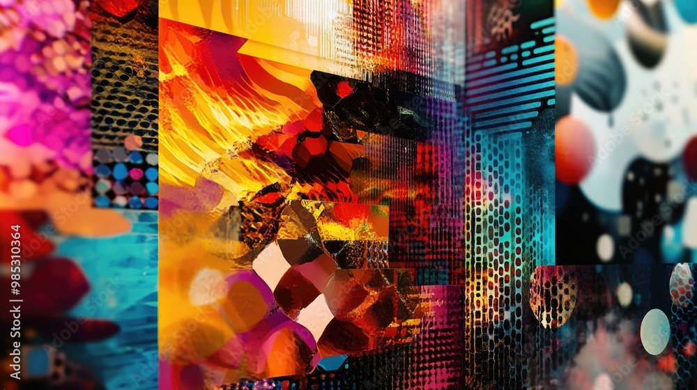 Poster creative ai system generating nft collections automatically, featuring a series of vibrant, algorith
