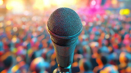 A microphone stands ready in front of a large, blurred crowd.