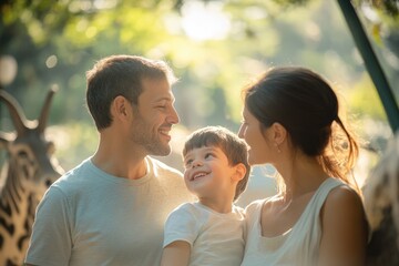 Fototapeta premium High-resolution brightly lit photorealistic candid photograph of a father, mother, and son sharing a moment of joy at the zoo, with a soft, creamy bokeh background. The image is styled like a