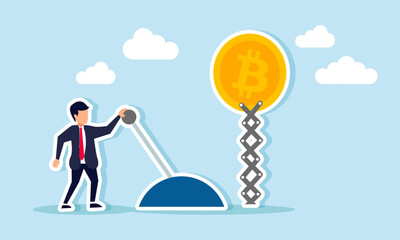 A businessman pulling a lever to lift Bitcoin, illustration of how a business player can influence Bitcoin value trajectory