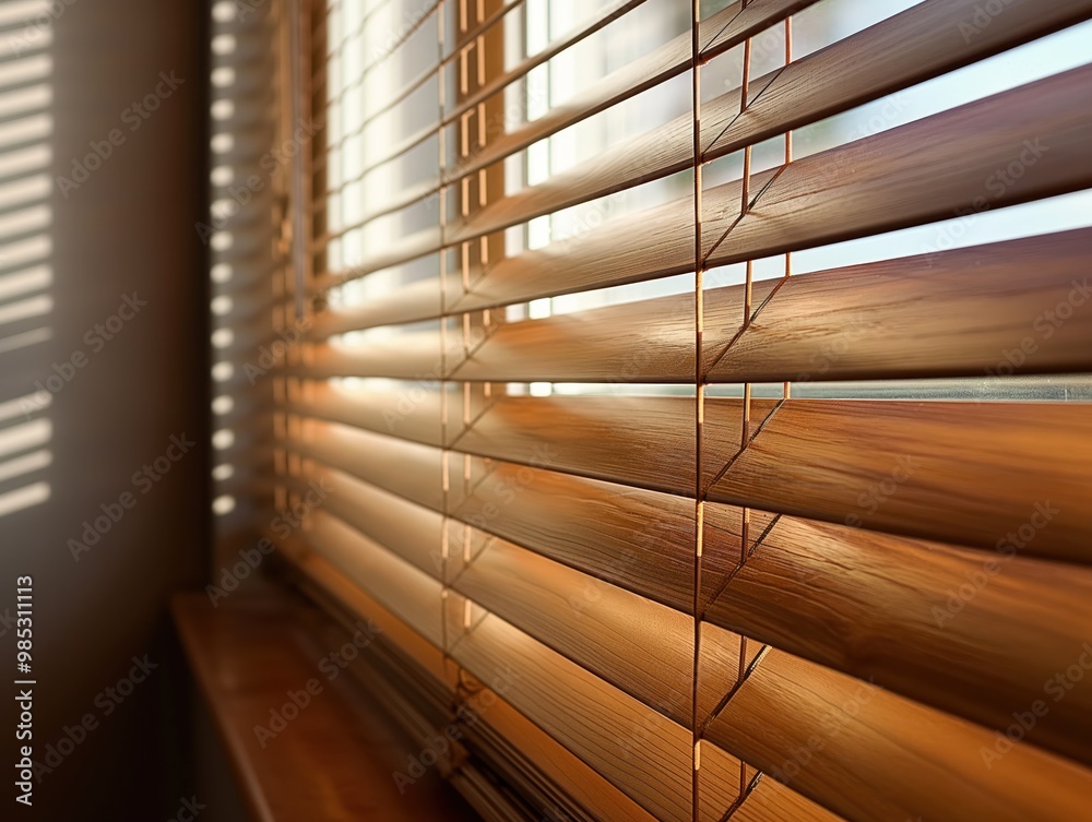 Poster Wooden blind partially open near window. Soft diffused light enters room casting gentle shadows on wall. Wooden floor and white background add to serene indoor setting.