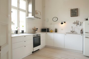 Bright and cozy white kitchen with modern appliances and minimalistic decor