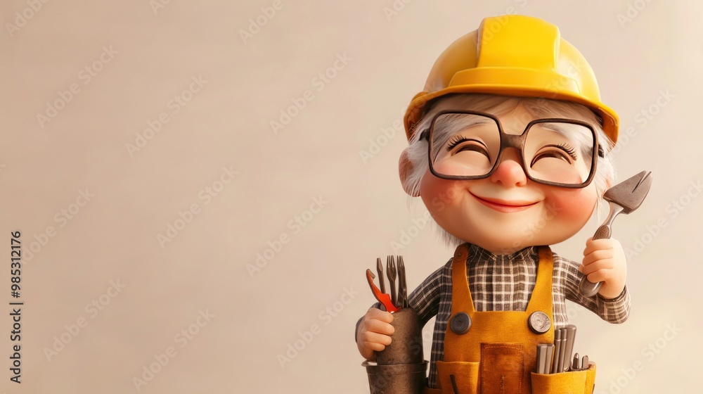 Wall mural a cheerful cartoon character in a hard hat and overalls, holding tools and smiling.