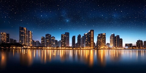 Fototapeta premium City skyline illuminated under a clear starry sky, with tall buildings casting reflections on the nearby water