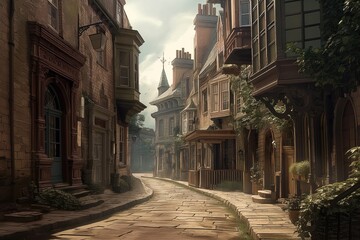 Naklejka premium Illustration of dimly lit Victorian town with old buildings, facades, alleyways. Historical architecture, lamp posts, vintage atmosphere. Old houses, walls, streets create moody, nighttime scene.