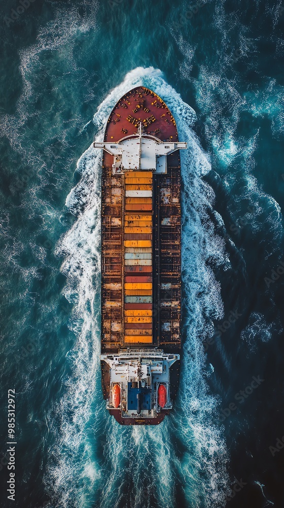 Poster aerial view of cargo ship with containers sailing through the ocean.