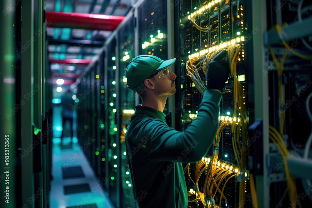 Poster caucasian male technician inspects computer equipment in a server room. he checks cables and servers