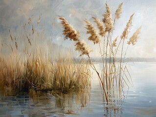 Tranquil Lake Landscape with Reeds and Reflections