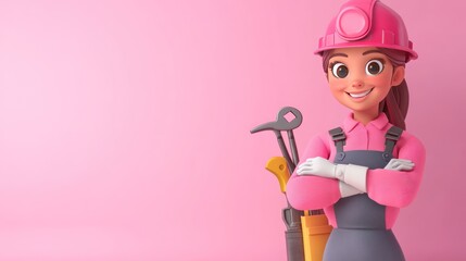 A cheerful cartoon character in a hard hat with tools, promoting construction and safety.