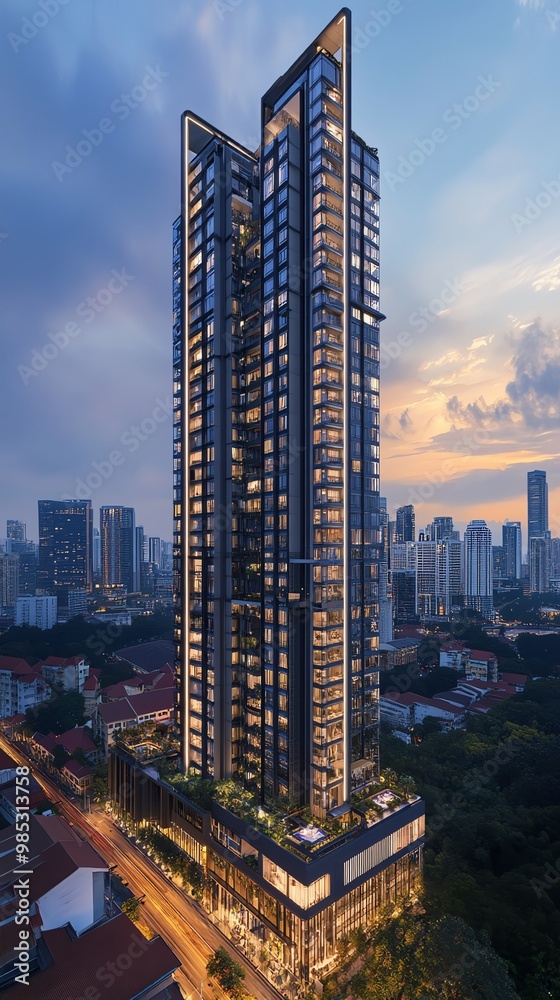 Poster an aerial view of a modern, tall skyscraper with illuminated windows at dusk, surrounded by a city s