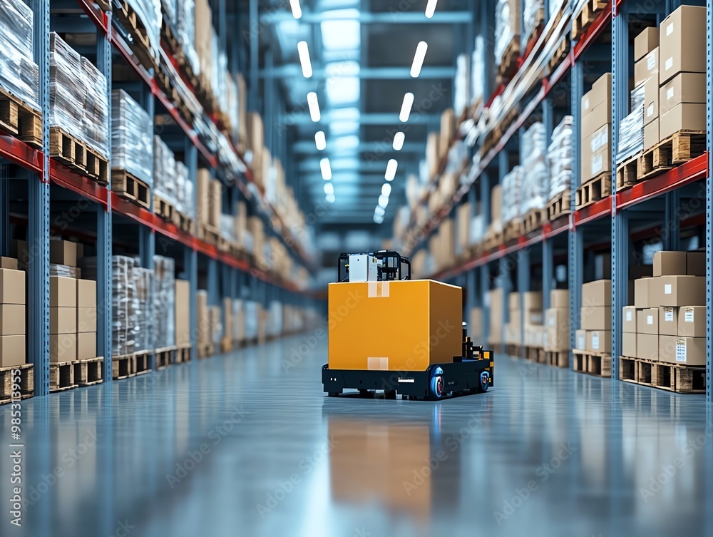 Leinwandbilder an automated guided vehicle (agv) transports a box through an empty aisle of a warehouse.
