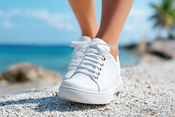 Naklejka premium Female ankle foot walking on the tropical beach